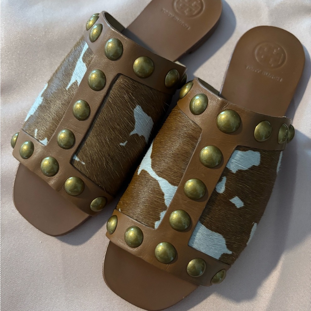 Tory Burch Brown and White Studded Slides
